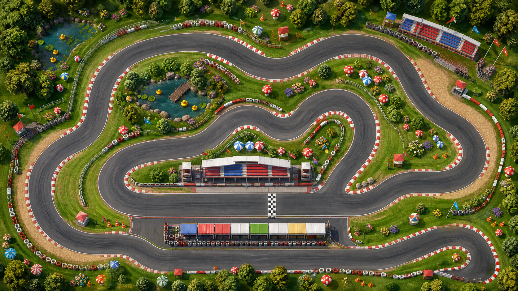 A detailed green Race Park circuit viewed from above